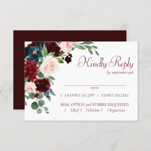 Boho Bloom   Elegant Burgundy and Navy Blue Entree RSVP Card