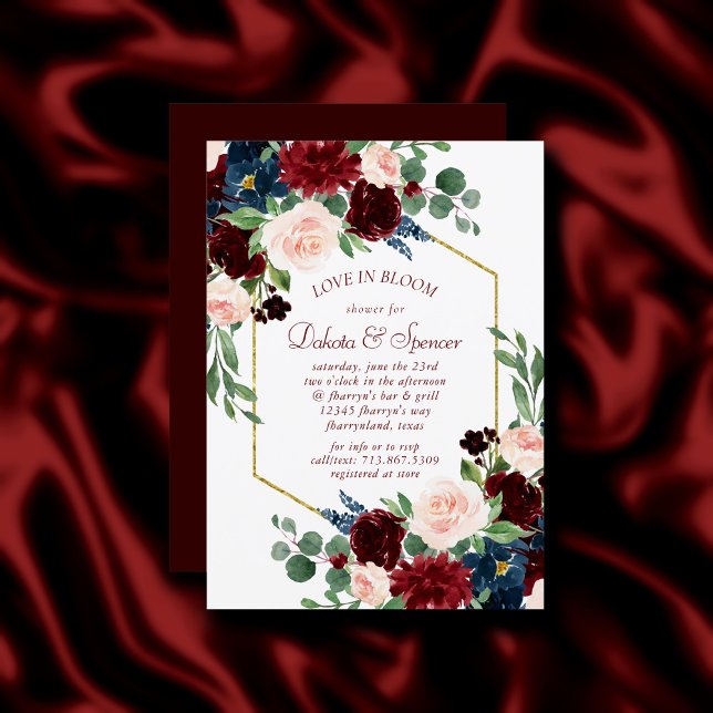 Boho Bloom | Elegant Burgundy and Navy Blue Shower Invitation (Creator Uploaded)