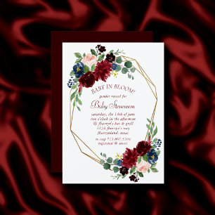 Boho Bloom Elegant Burgundy and Navy Blue Shower Invitation