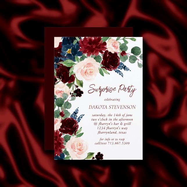 Boho Bloom | Elegant Burgundy and Navy Blue Wreath Invitation (Creator Uploaded)