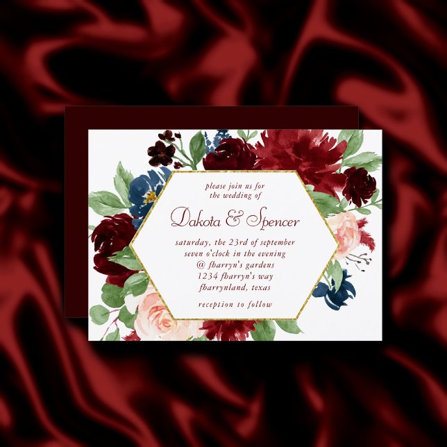 Boho Bloom | Elegant Burgundy and Navy Blue Wreath Invitation (Creator Uploaded)