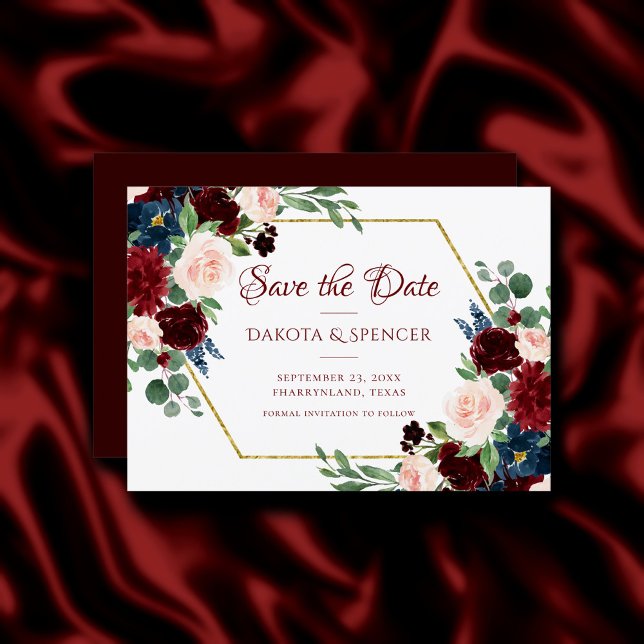 Boho Bloom | Elegant Burgundy Floral Gold Frame Save The Date (Creator Uploaded)
