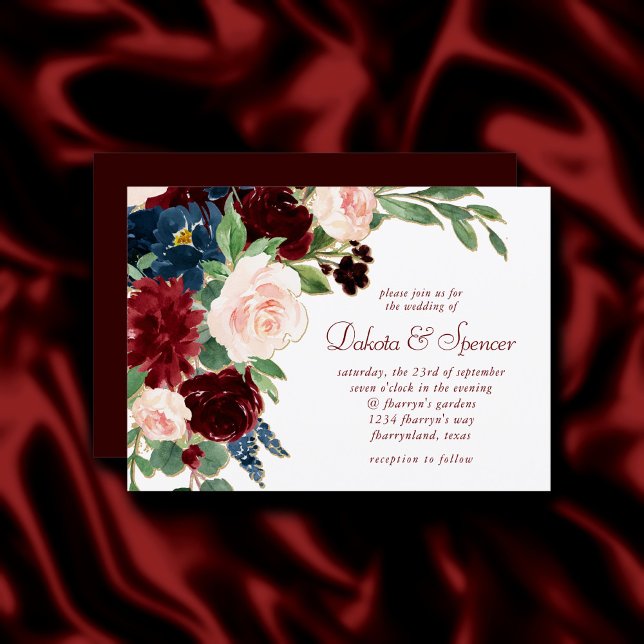 Boho Bloom | Elegant Burgundy Red and Navy Blue Invitation (Creator Uploaded)