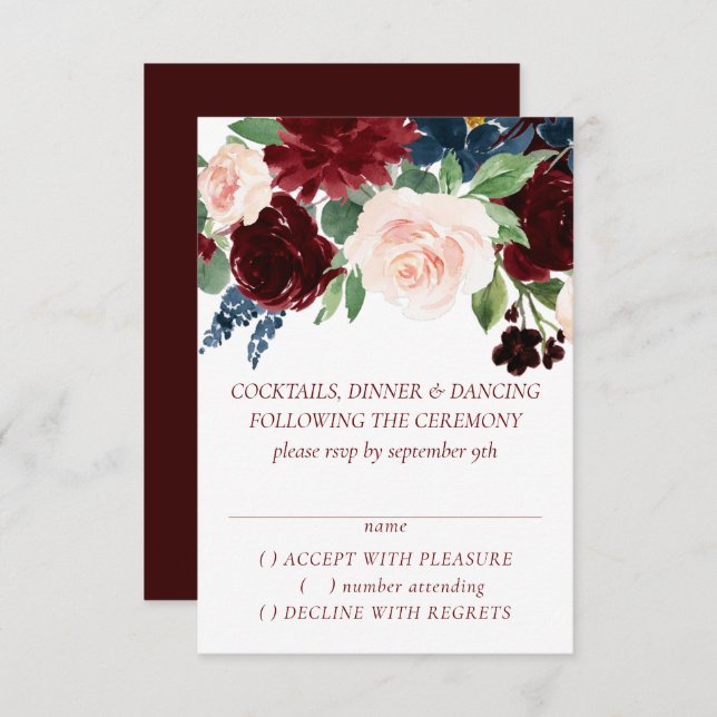 Boho Bloom | Elegant Burgundy Red and Navy Blue RSVP Card (Front/Back)