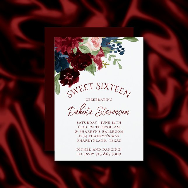 Boho Bloom | Elegant Burgundy Red Floral Sweet 16 Invitation (Creator Uploaded)