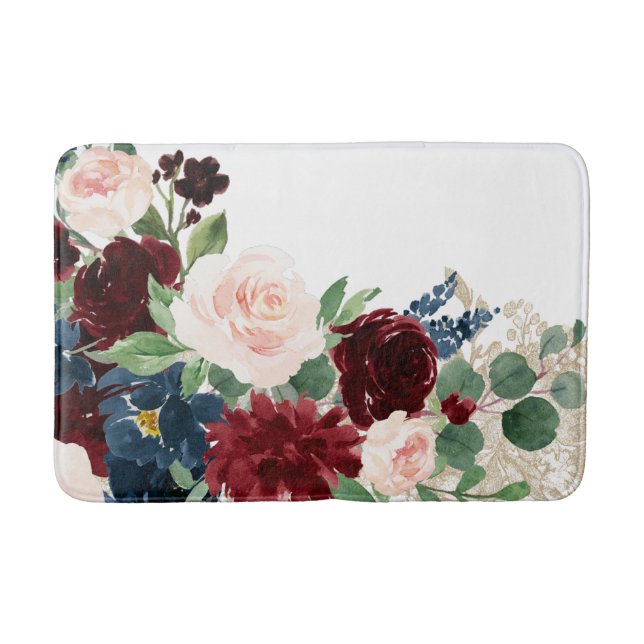 Boho Bloom | Elegant Red and Blush Shimmer Pattern Bath Mat (Front)