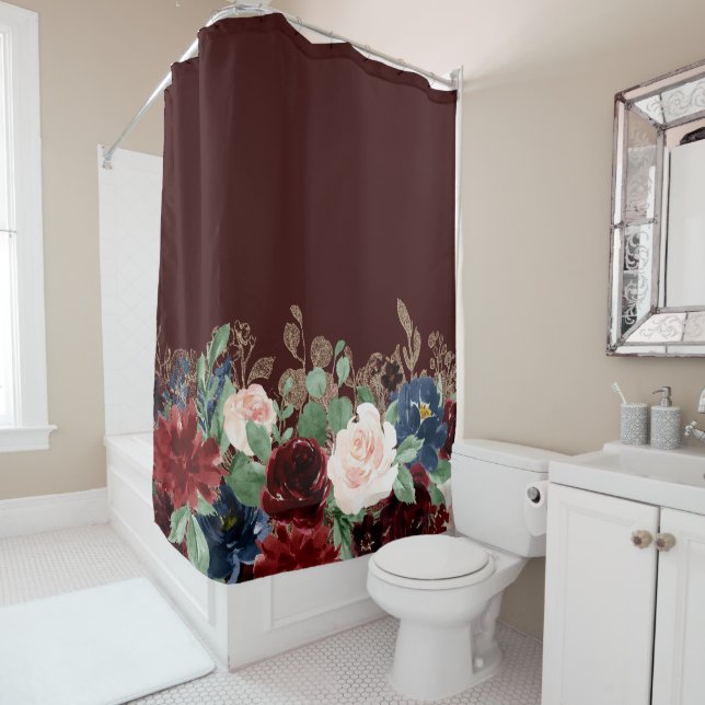 Boho Bloom | Elegant Red and Blush Shimmer Pattern Shower Curtain (In Situ)