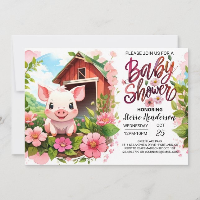 Boho Blooms and Piggy Baby Shower Invitation (Front)