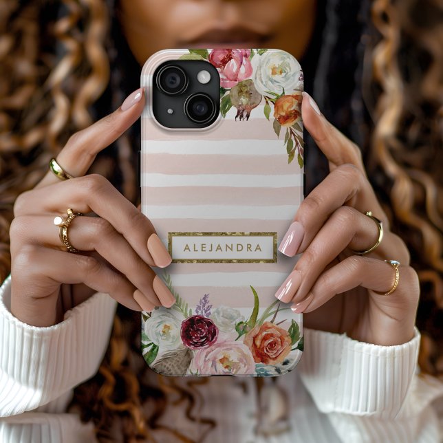 Boho Blooms Blush Stripe Monogram Case-Mate iPhone Case (Creator Uploaded)