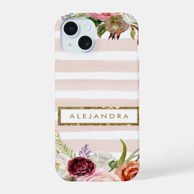 Boho Blooms Blush Stripe Monogram iPhone 15 Case (Back)