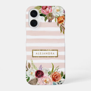 Boho Blooms Blush Stripe Monogram iPhone 16 Case