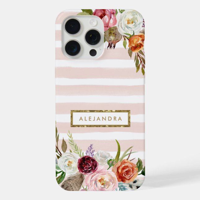 Boho Blooms Blush Stripe Monogram iPhone Case (Back)