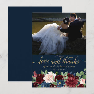 Boho Blooms Dark Navy and Red Photo Love and Thank You Card
