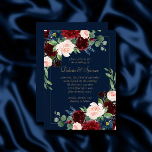 Boho Blooms Dark Navy Blue and Burgundy Bouquet Invitation