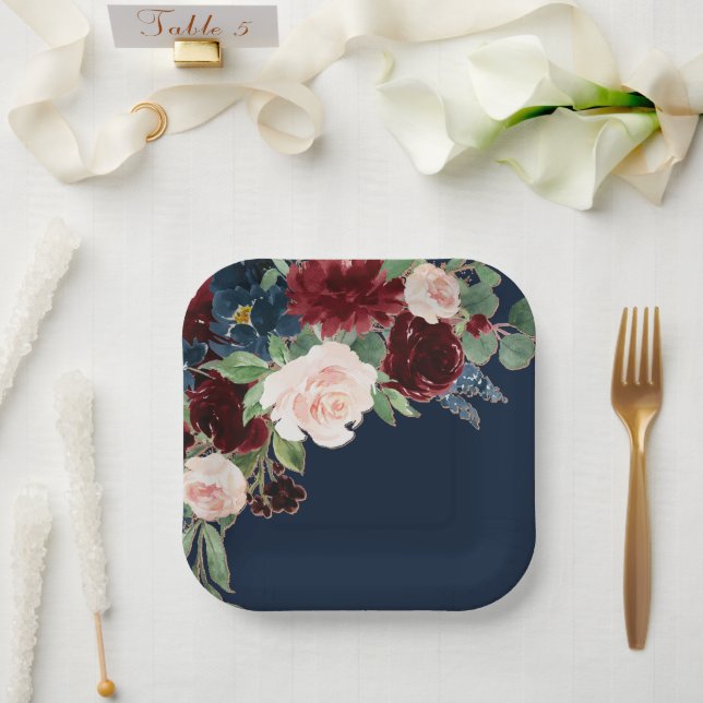 Boho Blooms | Dark Navy Blue and Burgundy Bouquet Paper Plate (Wedding)