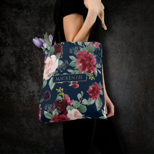 Boho Blooms Dark Navy Blue and Burgundy Custom Tote Bag