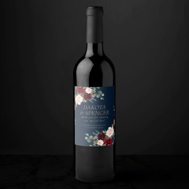 Boho Blooms | Dark Navy Blue and Burgundy Favour Wine Label (Creator Uploaded)