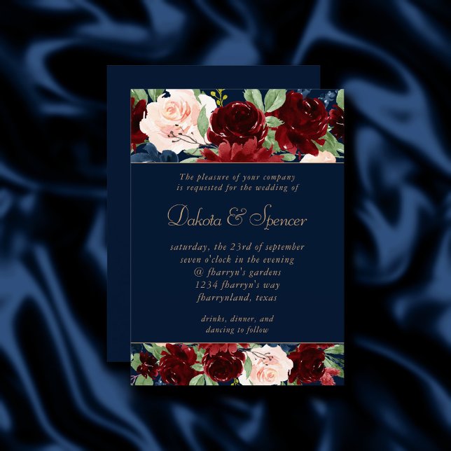 Boho Blooms | Dark Navy Blue and Burgundy Garland Invitation (Creator Uploaded)