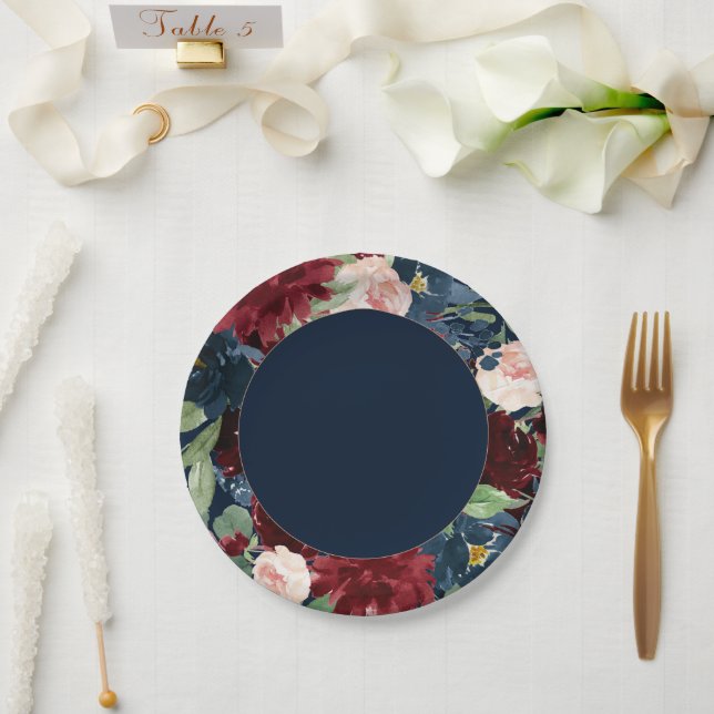 Boho Blooms | Dark Navy Blue and Burgundy Wreath Paper Plate (Wedding)