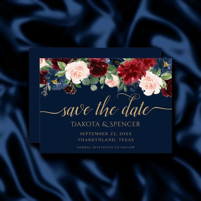 Boho Blooms | Dark Rustic Navy Blue and Burgundy Save The Date (Creator Uploaded)