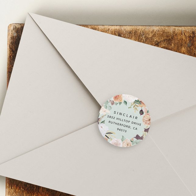 Boho Blooms Floral Return Address Classic Round Sticker (Creator Uploaded)