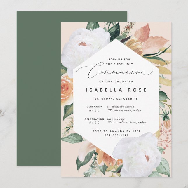 Boho Blooms | Modern Floral First Holy Communion Invitation (Front/Back)