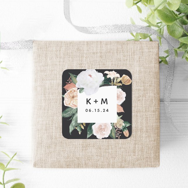 Boho Blooms Modern Floral Wedding Monogram Square Sticker (Creator Uploaded)