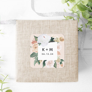 Boho Blooms Modern Floral Wedding Monogram Square Sticker