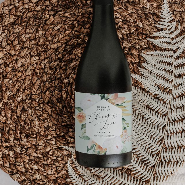 Boho Blooms Personalised Cheers to Love Wedding Wine Label (Creator Uploaded)