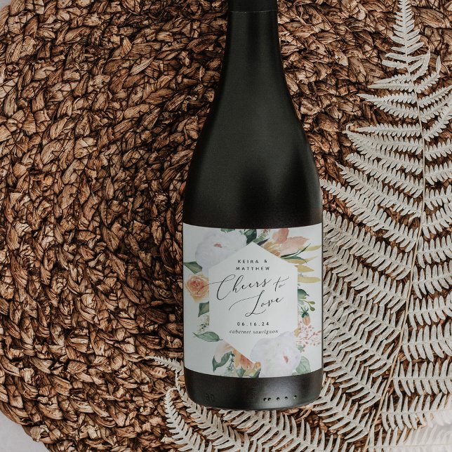 Boho Blooms Personalised Cheers to Love Wedding Wine Label (Creator Uploaded)