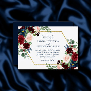 Boho Blooms   Rustic Navy and Burgundy Bouquet Invitation