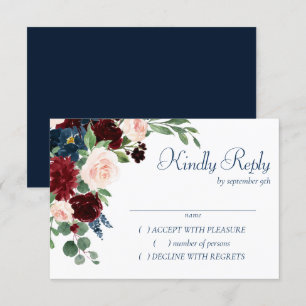 Boho Blooms Rustic Navy and Burgundy Bouquet RSVP Card