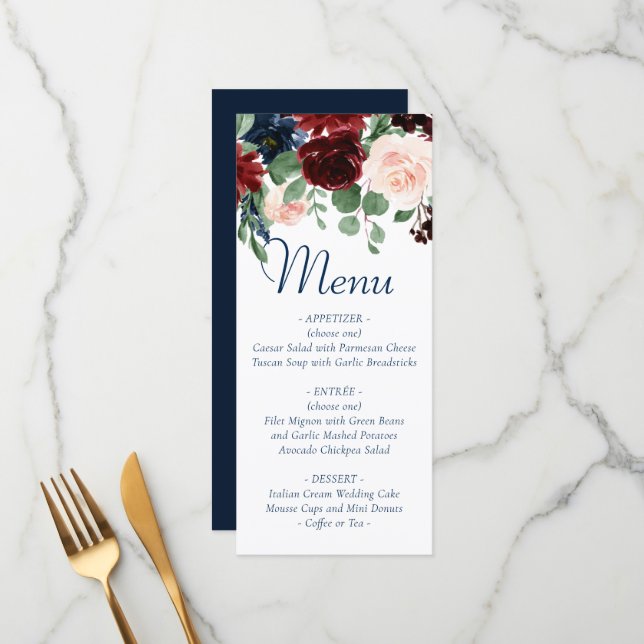 Boho Blooms | Rustic Navy and Burgundy Garland Menu (Front/Back In Situ)