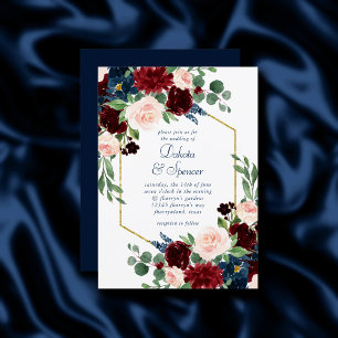 Boho Blooms   Rustic Navy and Burgundy Red Frame Invitation