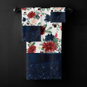 Boho Blooms   Rustic Navy and Burgundy Shimmer Bath Towel Set
