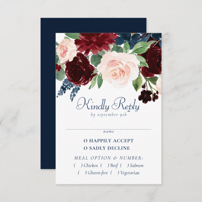 Boho Blooms | Rustic Navy Blue and Burgundy Entree RSVP Card (Front/Back)
