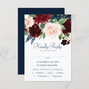 Boho Blooms Rustic Navy Blue and Burgundy Entree RSVP Card