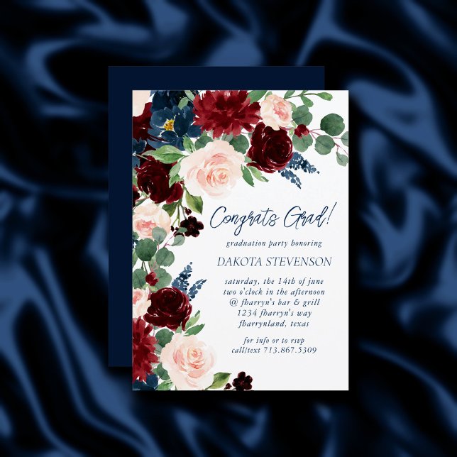 Boho Blooms | Rustic Navy Blue and Burgundy Red Invitation (Creator Uploaded)