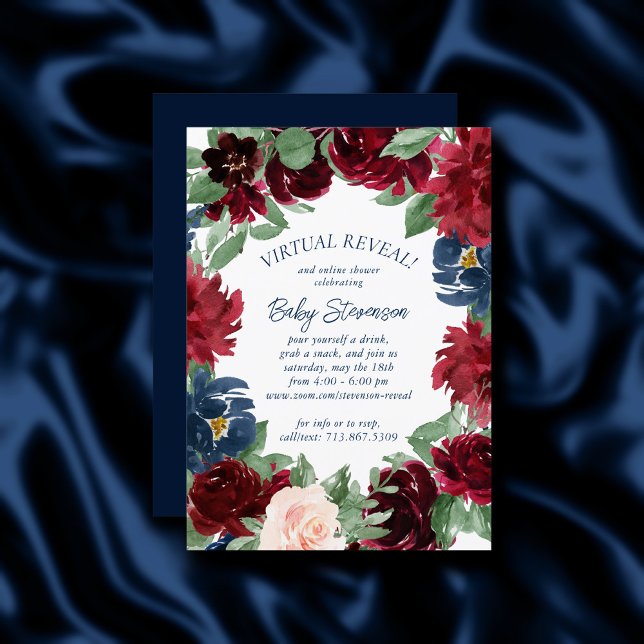 Boho Blooms | Rustic Navy Blue and Burgundy Shower Invitation (Creator Uploaded)