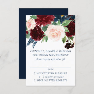 Boho Blooms Rustic Navy Blue and Burgundy Wreath RSVP Card