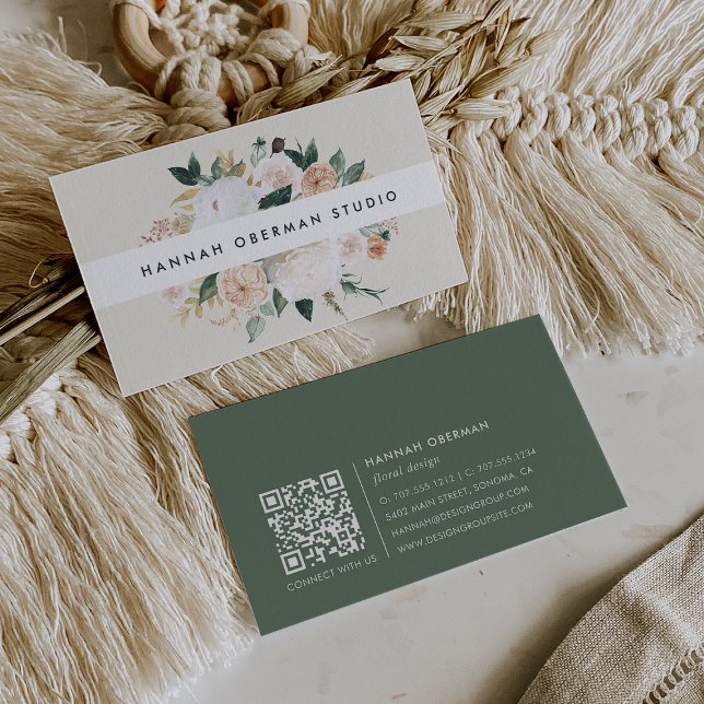 Boho Blooms Watercolor Floral QR Code Business Card (Creator Uploaded)