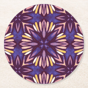 Boho Blossom: Purple Artistic Floral Pattern Round Paper Coaster
