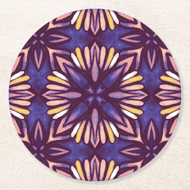 Boho Blossom: Purple Artistic Floral Pattern Round Paper Coaster (Front)