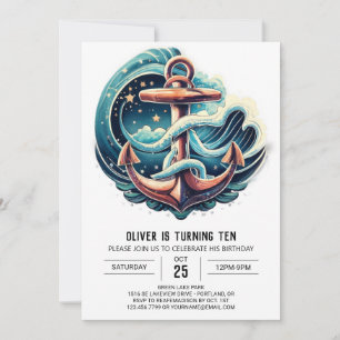 Boho Blue Anchor Birthday Invitation