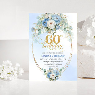 Boho Blue and gold peony floral chic 60th birthday Invitation