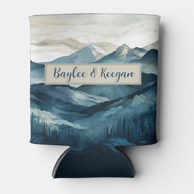 Boho Blue and Tan Mountain Can Cooler (Front)