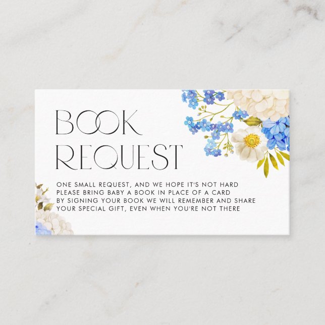 Boho Blue and White Hydrangeas Book Request Card (Front)