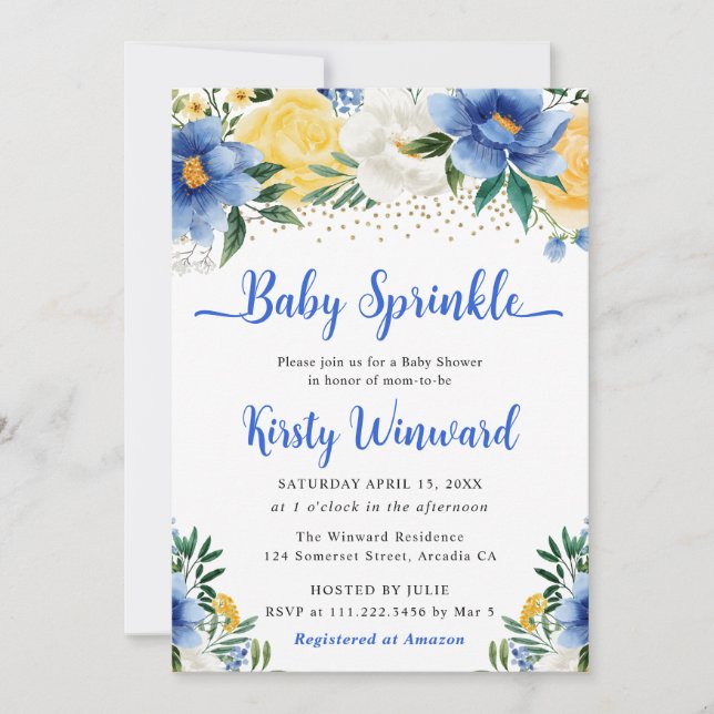 Boho Blue and Yellow Summer Flowers Baby Sprinkle Invitation (Front)