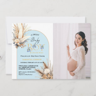 Boho Blue Arch Pampas Grass Baby Boy Baby Shower Invitation