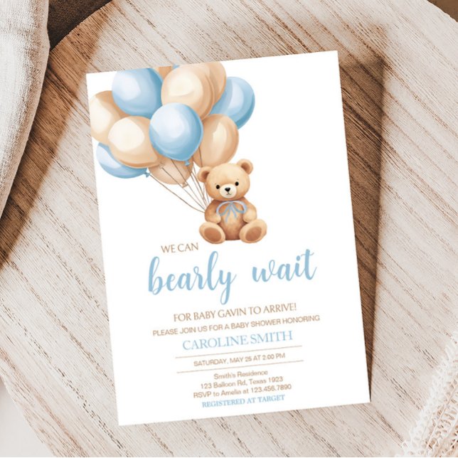 Boho Blue Balloon Bear Baby Shower  Invitation (We Can Bearly Wait Boy Baby Shower Invitation)